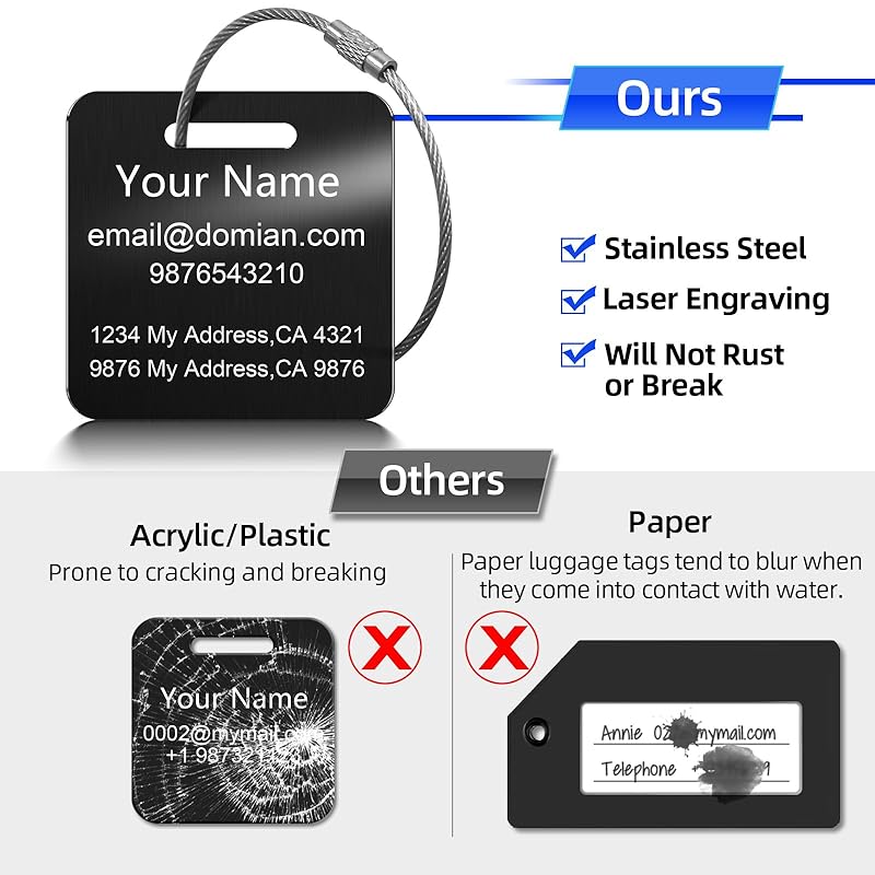 Stainless Steel Personalized Luggage Tags for Suitcases - Custom Name ID Travel Tags for Luggage, Backpacks and Bags - Metal Travel Essentials Accessories for Kids, Women and Men - Bulk Set (3 Pack)