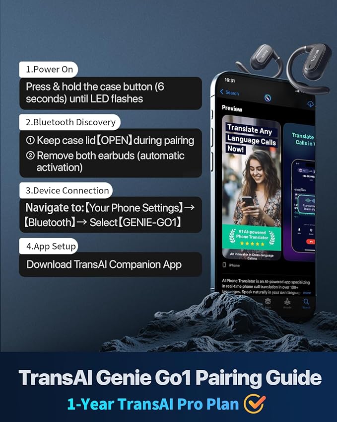 GO1 Real-time Phone Call Translaton Earbuds, 3-in-1 AI Translator Earbuds with Adjustable Earhook Open-Ear Translating Ear Bud Supports 150+ Languages for Video Calls, Business Visits