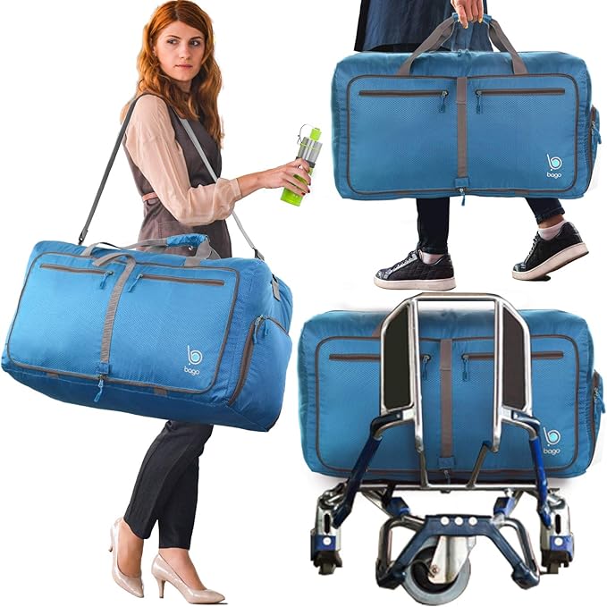 Bago Large Foldable Duffel Bags for Traveling Women & Men - 80L Packable Duffle Bag for Travel with Shoe Compartment - Water Repellant, Heavy Duty, Lightweight Folding & Collapsible (SnowBlue)