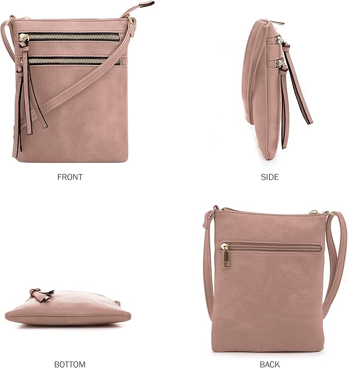 DELUXITY | Crossbody Purse Bag | Functional Multi Pocket Double Zipper Purse | Adjustable Strap | Medium Size Purse |Mauve