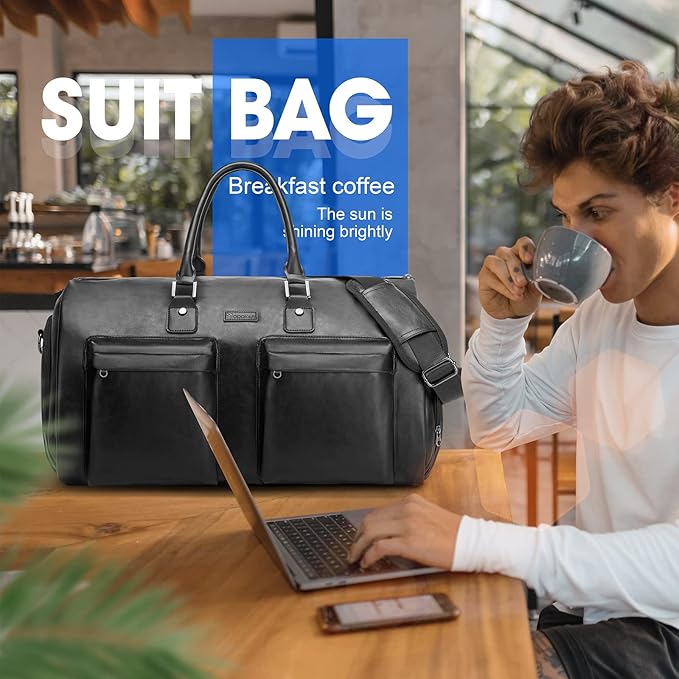 Leather Garment Bag for Travel, Modoker Carry On Suit Carrier Travel Bag with Shoulder Strap/Multiple Pockets - Ideal for Business Trips & Weekend Getaways - The Garment Duffel Bag for Traveling Men