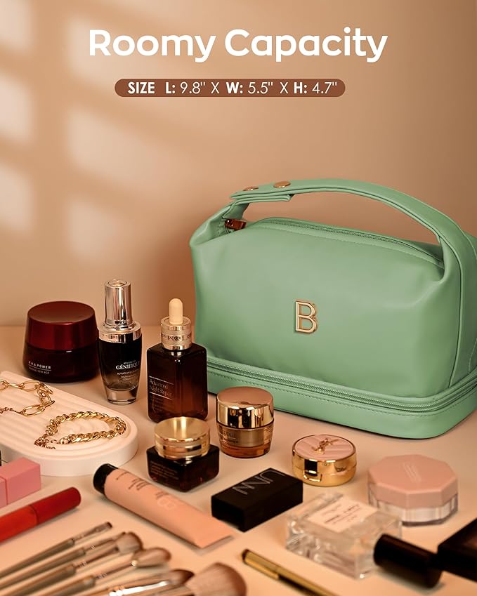Cute Gifts for Women, Personalized Makeup Bag with Handle, Initial Double Layer Cosmetic Bag with Makeup Brush Organizer, Cute Cosmetic Pouch for Women, Gifts for Friends Female Mom