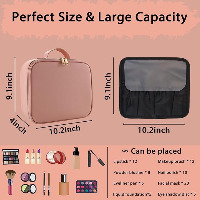 Makeup Bag with Led Mirror,Travel Makeup Organizer with 3 Color Setting, Portable Storage and Adjustable Dividers Travel Makeup Bag(Pink)