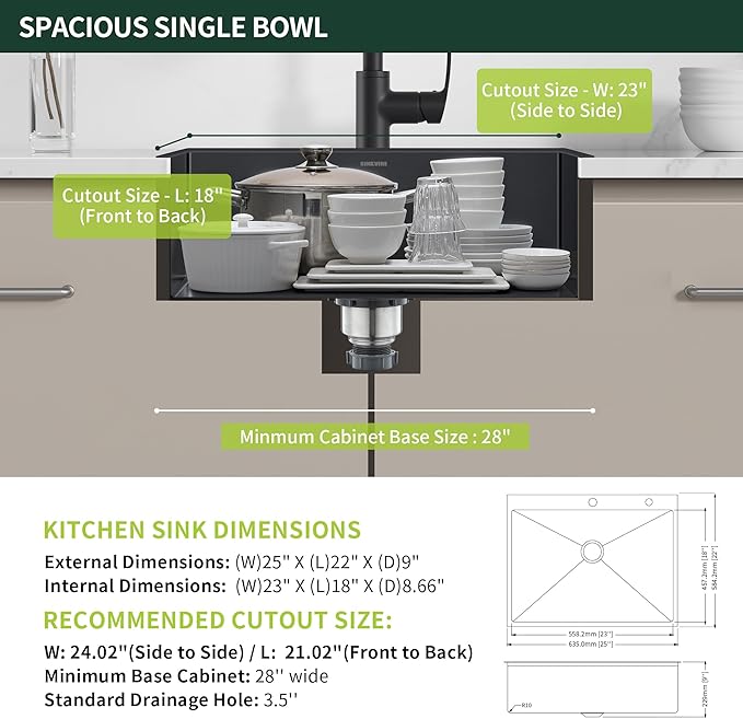 Black Drop-In Kitchen Sink 25 x 22 inch, SINKVINE PVD Nano Stainless Steel Sink for Laundry Outdoor, with Top Mount Large Deep Single Bowl, Drain Strainer, Bottom Grid, Roll-up Drying Unit, Dark Gray