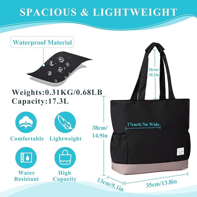 VASCHY Beach Bag for Women, Large Waterproof Sandproof Fold-able Packable Pool Tote Bag w Zipper/Pockets