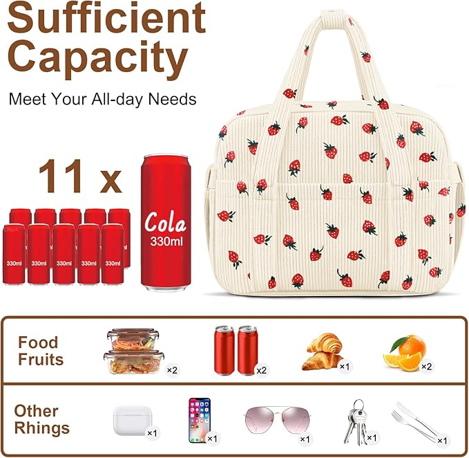 Corduroy Lunch Box Lunch Bag for Women Men, Cute Strawberry Small Insulated Reusable Work Leakproof Simple Lunch Boxes Tote Bag Adults Cooler Bag