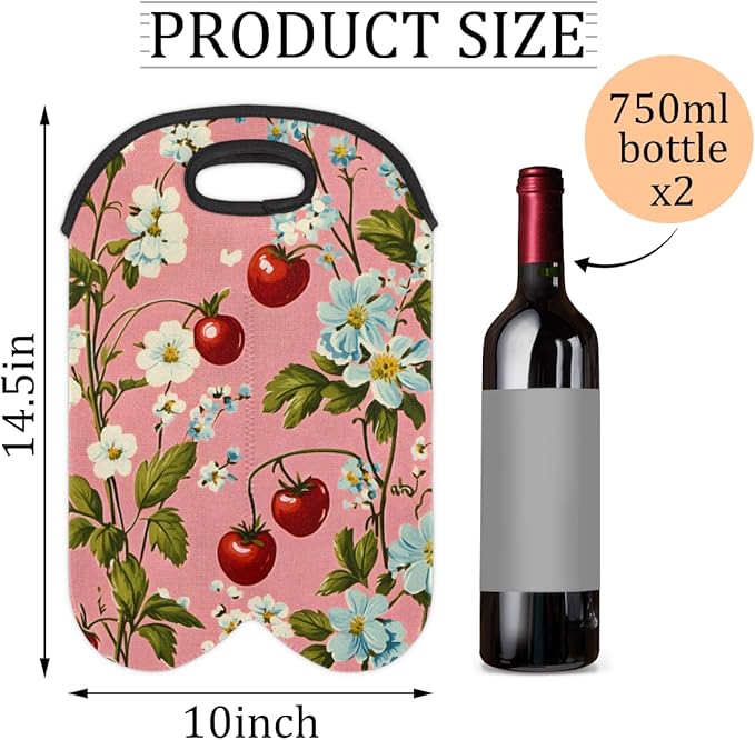 Neoprene Wine Tote, Bottle Carrier Gag Insulating Neoprene Thicker, Insulated Wine Bag for Travel Holds Two Bottles, Bottle Carrier Bags Protect the Bottles, Flower Cherry