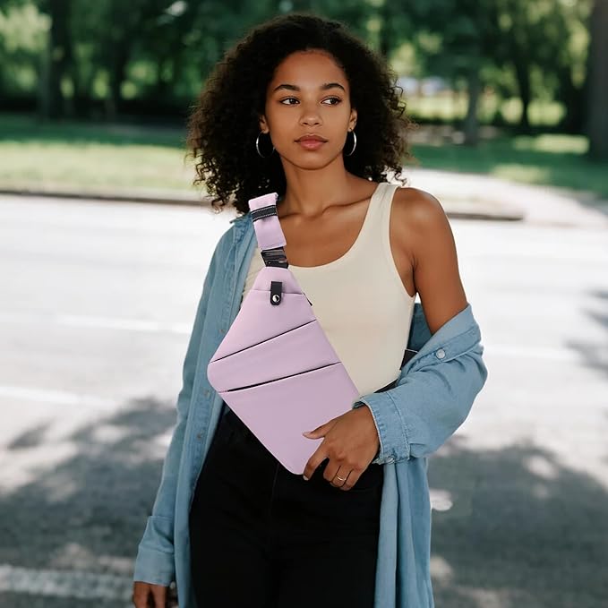 Anti Theft Crossbody Bags for Women Men, Multi-Pocket Shoulder Bag, Slim Sling Purse with 2 RFID Blocking Card (Right Shoulder-Pink Purple)