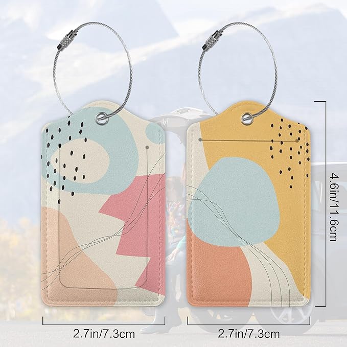 Abstract Lines and Curves 2 Pack Luggage Tag for Suitcase, Cute Unique Leather Bag Tags Identifiers Privacy Cover ID Label with Durable Steel Loop for Women Men Kids Girls Travel