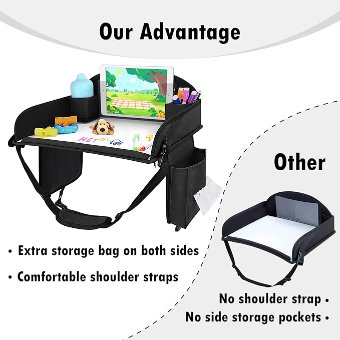Kids Travel Tray for Car Seat, Toddler Road Trip Essentials With Drawing Kit, Travel Activities Must Haves (Black)