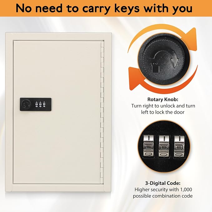 KYODOLED Key Storage Lock Box with Code, 40 Key Holder Wall Mount Cabinet with Combination Lock, Key Hooks & Tags Labels, 2.5" D x 8.1" W x 12.1" H, White