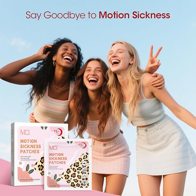 MQ 33ct Motion Sickness Patch Non Drowsy, Sea Sickness Patches for Cruise Ship Travel, Waterproof Patch Behind Ear for Car Airplane Altitude Sickness, Long Last 72H, Leopard Pattern