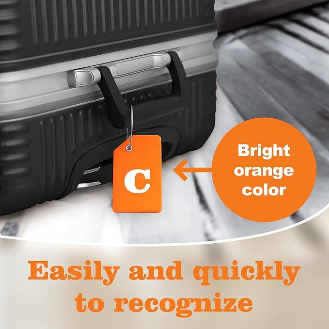 8 Pcs Luggage Tags for Suitcases, 26 Initial Letter Travel Luggage Baggage Identification Labels ID Tags Fully Bendable Tags with Stainless Steel Loop (Letter C, Orange)