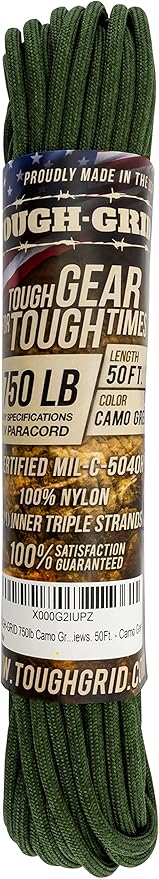 TOUGH-GRID 750 Paracord Rope Nylon Parachute Cord, Made in USA Survival Kit, Outdoor Adventures, Camping, Tactical Gear & Emergency Supplies, Military Type IV Mil-Spec