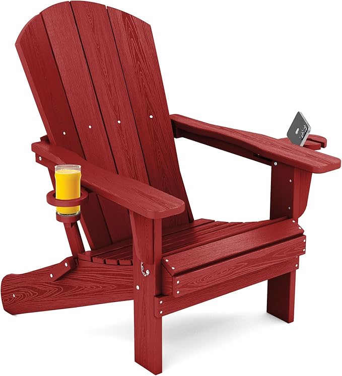 SERWALL Adirondack Chair with Cup Holders - Composite Adirondack Chairs HDPE Outdoor Chairs All Weather Use- Dark Red