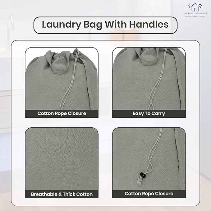 LFH Home Cotton Canvas Large Laundry Bag with Handle, Heavy Duty Drawstring Closure Washable Laundry Bags, School Travel, Home, Hotel, College Dorm, Organizer Sack, Toys Clothes 28x36 (Pack of 2)-Grey
