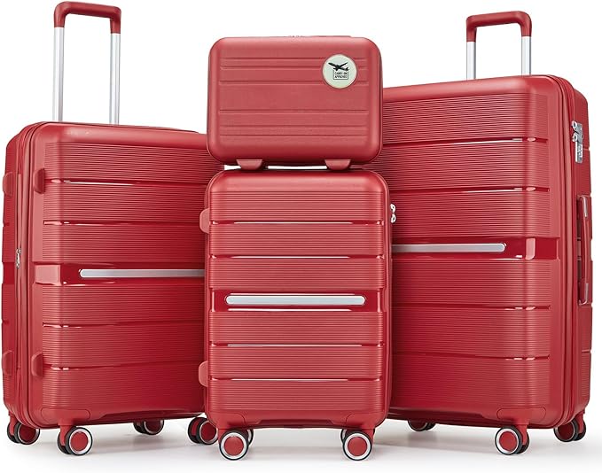 Campfun Luggage 4 Piece Sets, Expandable Carry On Luggage Set Hardshell PP, Suitcase Set with Double Spinner Wheels, Checked Durable Lightweight with TSA Lock, 14/20/24/28in, Red(A)