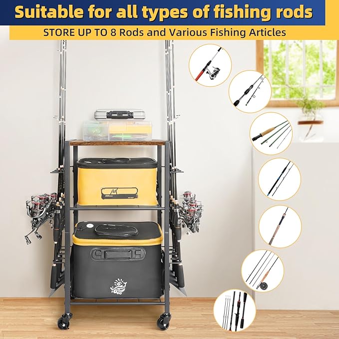 Olakee Fishing Rod Holder, Fishing Pole Holders for Garage Boat Home Entryway Fishing Gear Storage with Tackle Cart Ideal Gift for Men Dad Anglers Corner Design for Rods and Equipment Organizers
