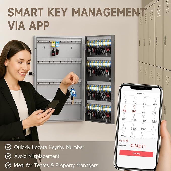 WeHere 96 Key Lock Box Wall Mount, APP Bluetooth/OTP/Wi-Fi/Fixed Code/Key Unlock, Smart Key Cabinet with Key Tag, Key Organizer Holder Box, Key Management Directory for Office, Valet, Realtor, Hotel