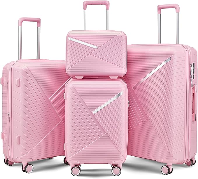 Campfun Luggage 4 Piece Sets, Expandable Carry On Luggage Set Hardshell PP, Suitcase Set with Double Spinner Wheels, Checked Durable Lightweight with TSA Lock, 14in 20in 24in 28in-Pink(B)
