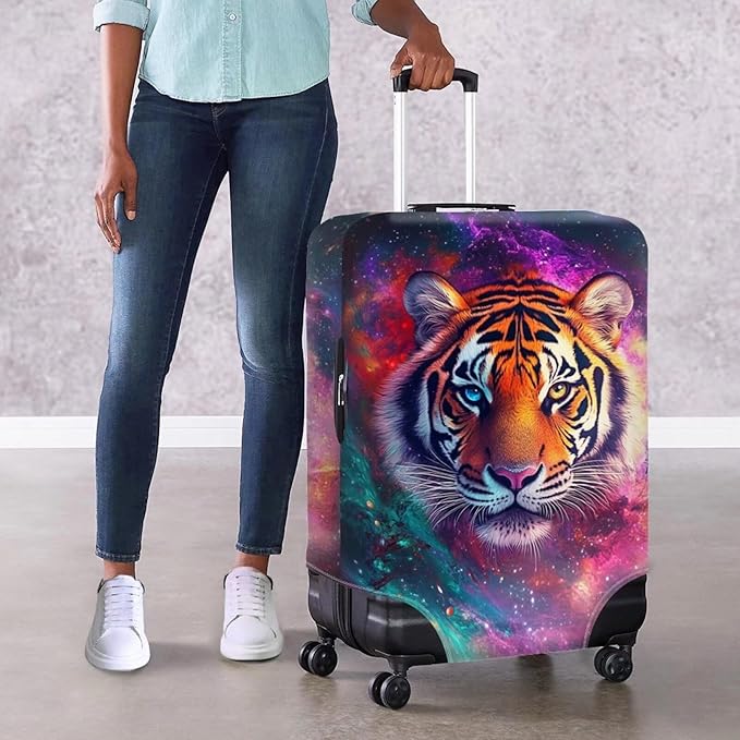 Galaxy Tiger Suitcase Cover Zipper Closure Travel Luggage Protector Anti-Scratch Zip Lugagge Covers for Suitcase Stretchable Suitcase Covers for Luggage Cool Animal Luggage Cover, 18-32 Inch