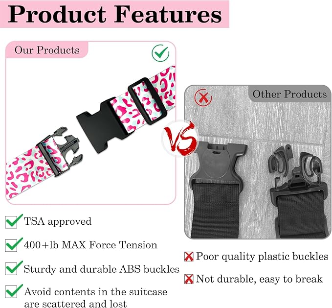 Pink Leopard Luggage Straps for Suitcases TSA Approved, Luggage Identifiers for Suitcase, Adjustable Suitcase Strap for Baggage Security with Cute Patten, Travel Necessary Accessories