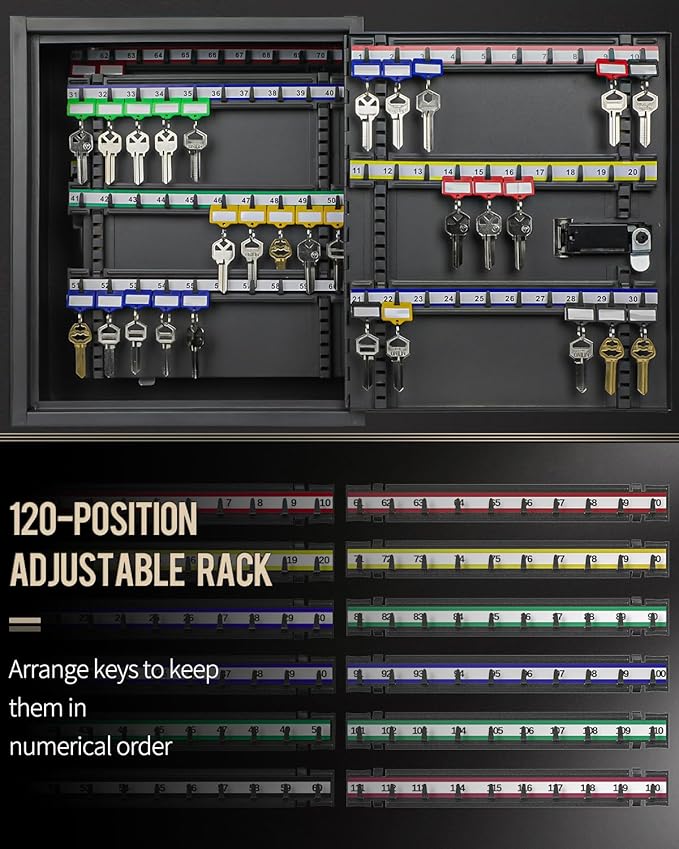 Uniclife 120 Position Key Cabinet with Combination and Key Lock Resettable Black Digital Security Storage Box Steel Key Organizer with Adjustable Racks Colorful Key Tag Stickers and Hooks