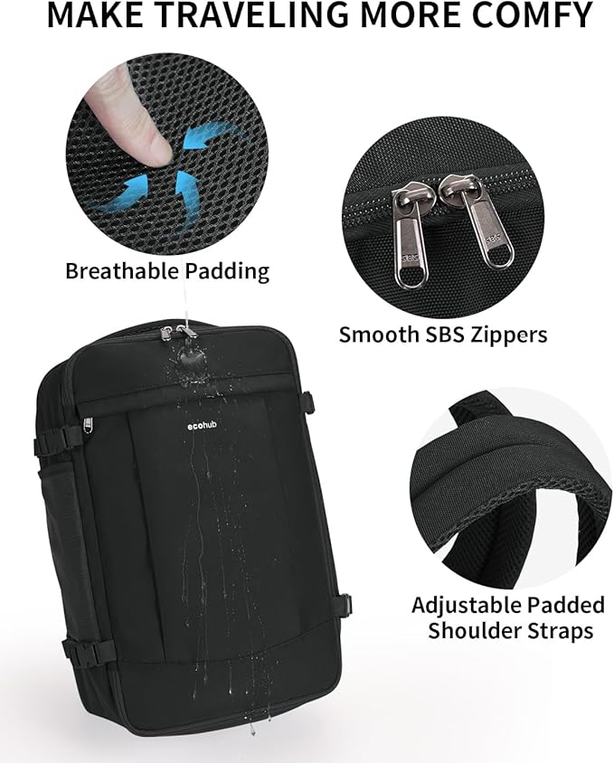 ECOHUB Travel Backpack for Men Women, Carry on Backpack with USB Charging Hole, Spirit Airlines Personal Item Bag Flight Approved, 15.6 Inch Laptop Backpack with Anti Theft Pockets, 30L, Black