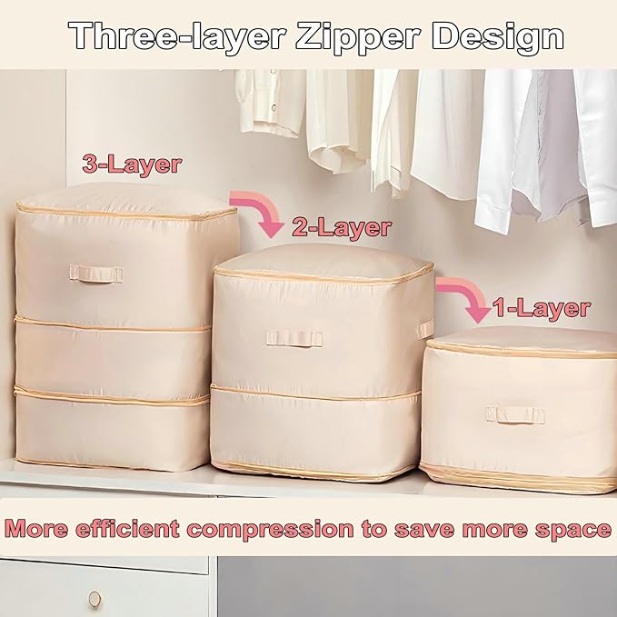 Ultra Space Saving Self Compression Organizer, 2025 New 3-Layer Zipper Large Capacity Storage Bag, Thick Satin Fabric Heavy Duty Bags for Comforters Blankets Bedding Duvet (Pink, X-Large, 21x17x24in)