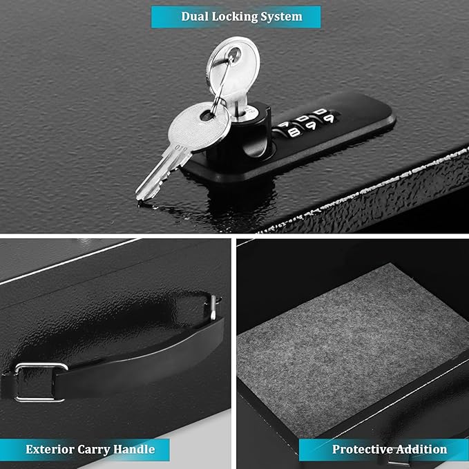 Dalmbox Portable Metal Safe Box with Dual Combination and Key Lock - Fire Resistant Storage for Documents, Car, Home and Outside - X Large 13.2"x 11"x 5.1" Black Box