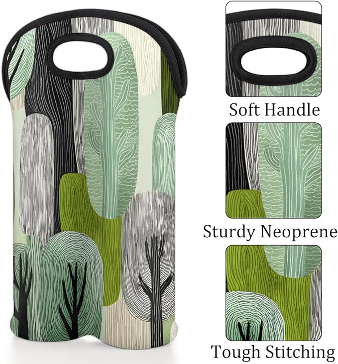 Neoprene Wine Tote, Bottle Carrier Gag Insulating Neoprene Thicker, Insulated Wine Bag for Travel Holds Two Bottles, Bottle Carrier Bags Protect the Bottles, Line Tree