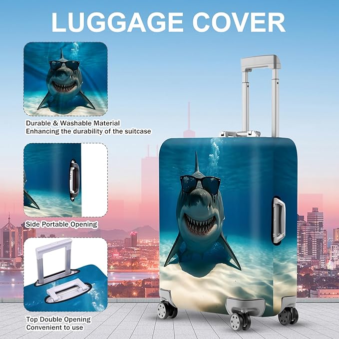 ANNA QUEEN Cool Shark Luggage Cover, Sunglass-Wearing Shark Underwater Design, Stretchable, Washable Travel Protector for 20-22 Inch Luggage