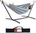 PNAEUT Double Hammocks with Stand for Outside, Portable Space Saving Heavy-Duty Steel Stand for Indoor Outdoor Patio with Carrying Bag, 450 lbs Capacity (Lightblue)