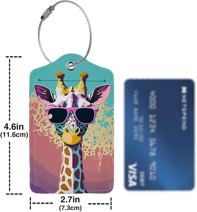 Giraffe in Sunglasses 2 Pack Luggage Tag for Suitcase, Leather Bag Tags Identifiers Privacy Cover ID Label with Steel Loop for Women Men Kids Girls Travel