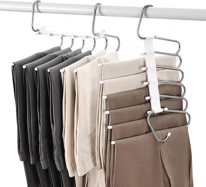 Upgraded Collapsible Pants Hangers Space Saving, 6 Layers Clothes Rack, Stainless Steel Multifunctional Closet Organizer, Non Slip Metal Hangers for Pants Jeans Skirts Trousers (1 Pack)