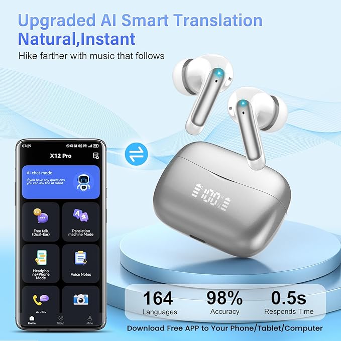 AI Translation Earbuds Real Time with Audio and Video Calls, 164 Language/7 Translation Modes Translator Earbuds Bluetooth 5.4 with APP, 48H AI Ear Buds Translator Device for Business/Learning/Travel