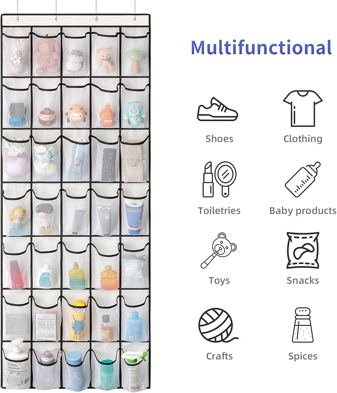 35 Pockets Over the Door Shoe Organizer, Hanging Shoe Organizer for Door with 35 Mesh Pockets Large Capacity Shoe Hanging Storage Bag with 4 Metal Hooks (White-1Pack)