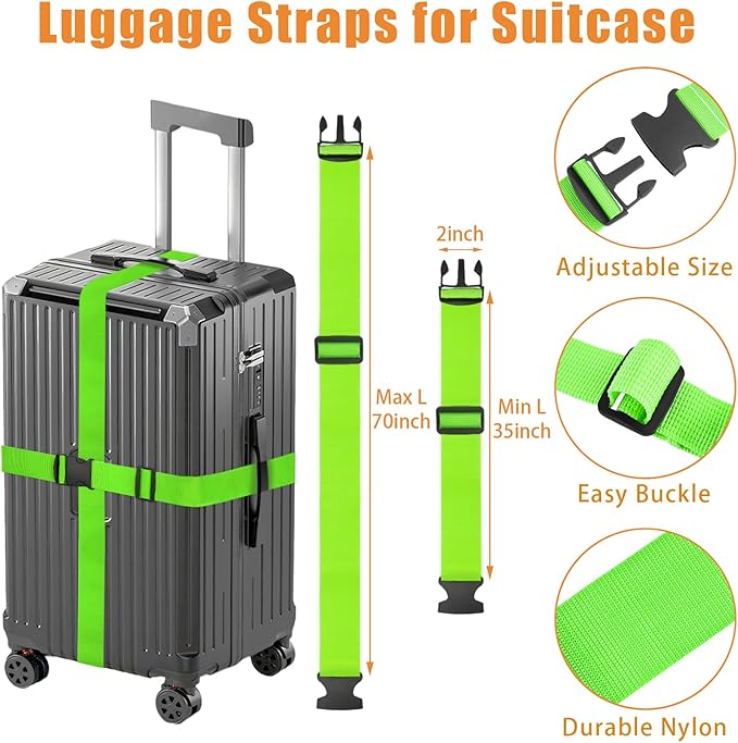 BILIONE 3Pcs Luggage Straps Set - 2 Suitcase Straps 70'' Long and 1 Add A Bag Strap, Adjustable Luggage Identifiers Nylon Travel Belt