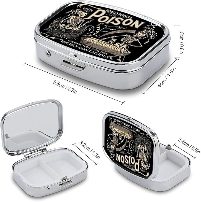 Metal 2 Compartment Pill Organizer Travel Friendly Portable Compact Pill Box Cute Pill Case to Hold Vitamins,Fish Oil,Supplements,Meds,Tablet for Purse,Pocket. (Black Background)