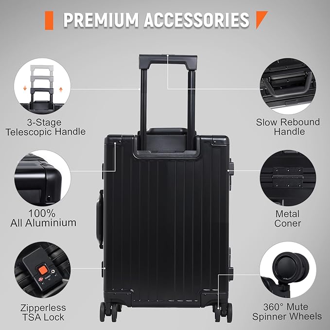 UrbanExplorer All Aluminum Carry On Luggage 22x14x9 Airline Approved Heavy Duty Hard Shell Suitcases Zipperless Suitcase with TSA Lock, Black, 20 Inch