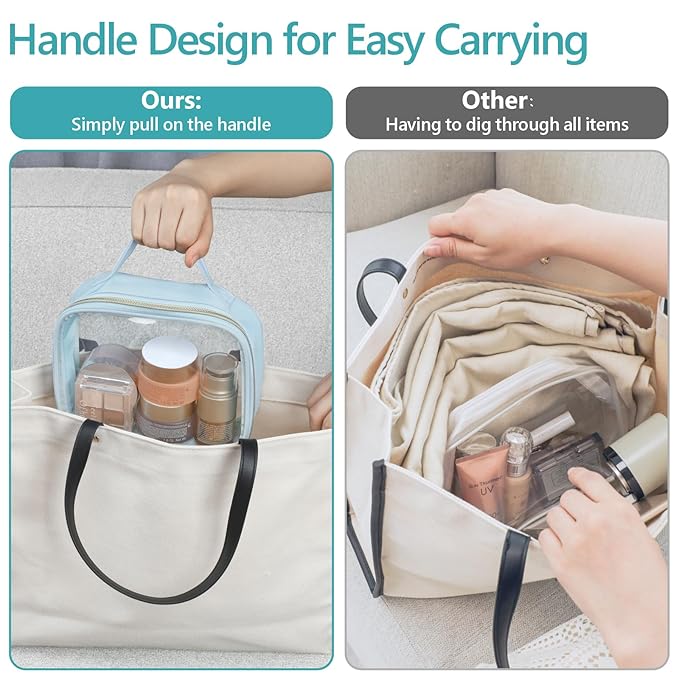 PACKISM Clear Makeup Bag - 3 Pack TSA Approved Toiletry Bag with Handle and 180° Large Opening, Sturdy Clear Toiletry Bag Fit Carry-on Travel Essential, Travel Bags for Toiletries, Ice Blue