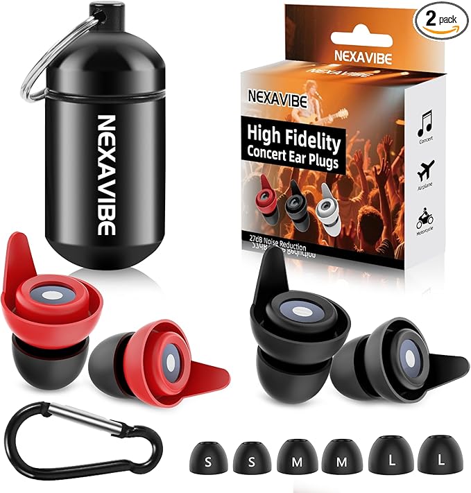 High Fidelity Concert Ear Plugs - 27dB Noise Reduction,2-Pair Reusable Silicone 3 Sizes (S/M/L), Ergonomic Secure Fit & Aluminum Case for Festivals, Live Music, Sports, Motorcycle, Travel