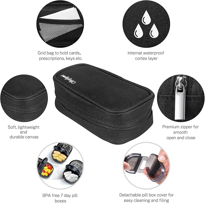 Serfeymi Weekly Travel Pill Organizer 2 Times A Day AM PM Upgraded Black Pill Box 7 Day with Portable Zipper Canvas Pill Case, Medicine Organizer for Pills, Vitamins, Supplements, Fish Oils - Black 01