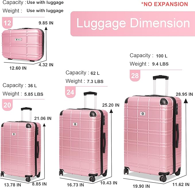 Luggage Sets 4 Piece, ABS PC Lightweight Suitcases with Wheels, Hardshell Luggage Sets Suitcase set with TSA Lock Pink (12in 20in 24in 28in)