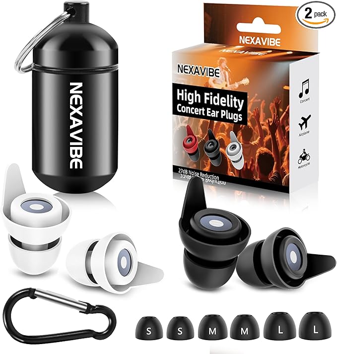High Fidelity Concert Ear Plugs - 27dB Noise Reduction,2-Pair Reusable Silicone 3 Sizes (S/M/L), Ergonomic Secure Fit & Aluminum Case for Festivals, Live Music, Sports, Motorcycle, Travel
