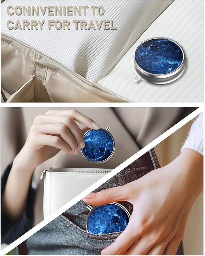 Pill Box, 3 Compartment Portable Travel Medicine Box with Mirror, Compact and Cute, Fits in Purse and Pocket, Medicine and Vitamin Organizer (Blue Starry Sky)