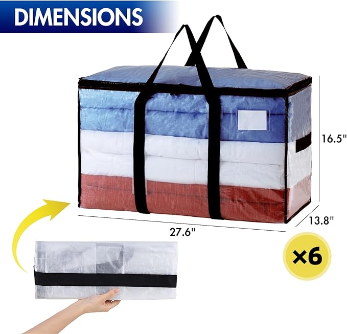 TAILI Extra Large Moving Bags, 6 Pack Clear Heavy Duty Totes For Storage with Visible Window, Wrap Around Handles, Storage Bags for Space Saving, Alternative to Moving Boxes