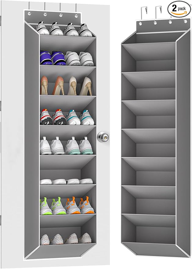 Over The Door Shoe Organizer Storage Fit 16-24 Pairs Hanging Shoe Rack Organiser for Closet Door, Deep Pocket Shoe Holder for Sneakers,Boots Storage(2 Pack Gray)