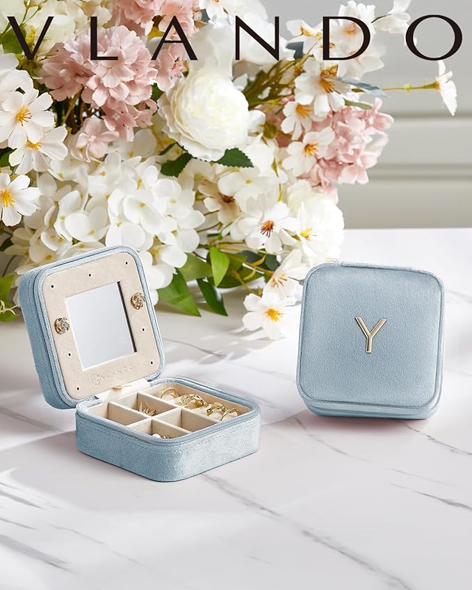 Vlando Valentines Day Gifts for Her, Bridesmaid Gifts for Women, Bridesmaid Proposal Gifts Unique Gifts, Wedding Travel Essentials Small Jewelry Box, Travel Jewelry Case - Letter G, Blue