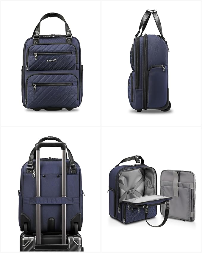 LUGGEX Underseat Carry On Luggage with Wheels, Stylish Lightweight Under Seat Luggage, Soft Sided Personal Item Suitcase for Short Trip (Blue Black, 16 Inch)